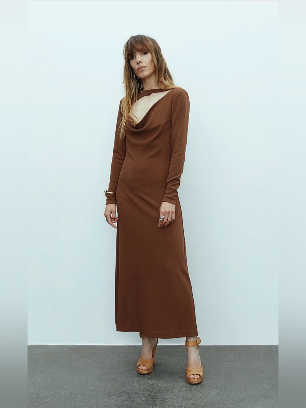 Classic Brown Long-Sleeve Cowl Neck Maxi Dress size S NWT
